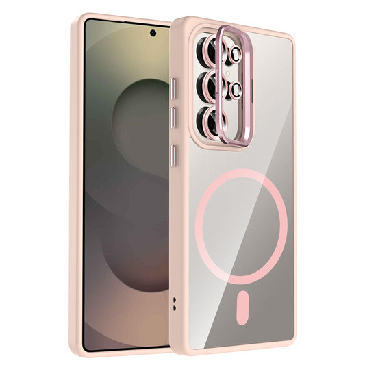 Galaxy S25 Ultra Kılıf Standlı ve Kamera Lens Hediyeli M-Safe Şarj Özellikli Zore Etro Kapak Pembe