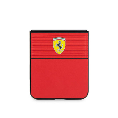 Galaxy Z Flip 5 Kılıf Ferrari Orjinal Lisanslı PU Deri Metal Logolu Multi Çizgili Kapak Kırmızı