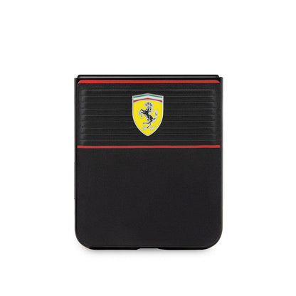 Galaxy Z Flip 5 Kılıf Ferrari Orjinal Lisanslı PU Deri Metal Logolu Multi Çizgili Kapak Kırmızı