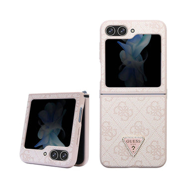 Galaxy Z Flip 5 Case Guess Original Licensed PU Leather Stone Triangle Logo 4G Patterned Strass Cover Pink