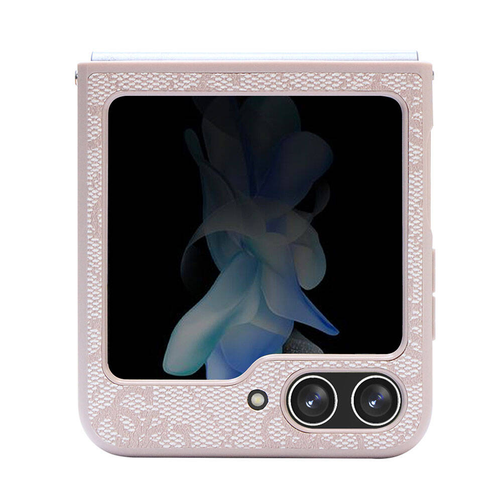 Galaxy Z Flip 5 Case Guess Original Licensed PU Leather Stone Triangle Logo 4G Patterned Strass Cover Pink