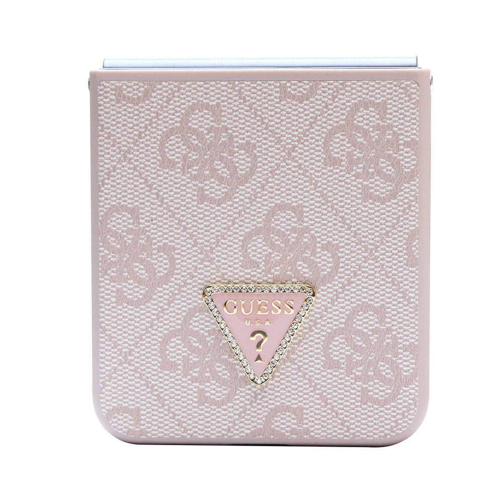 Galaxy Z Flip 5 Case Guess Original Licensed PU Leather Stone Triangle Logo 4G Patterned Strass Cover Pink