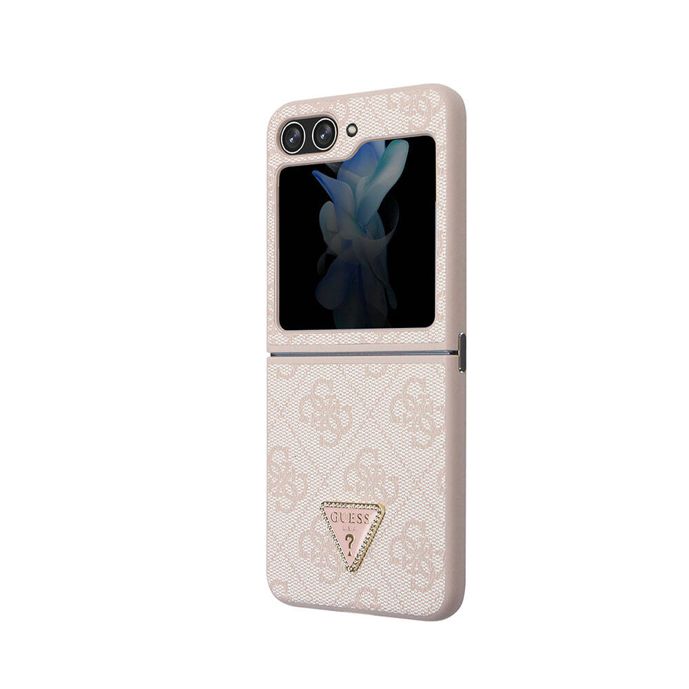 Galaxy Z Flip 5 Case Guess Original Licensed PU Leather Stone Triangle Logo 4G Patterned Strass Cover Pink