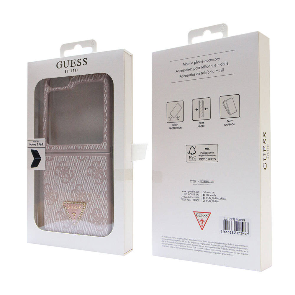 Galaxy Z Flip 5 Case Guess Original Licensed PU Leather Stone Triangle Logo 4G Patterned Strass Cover Pink