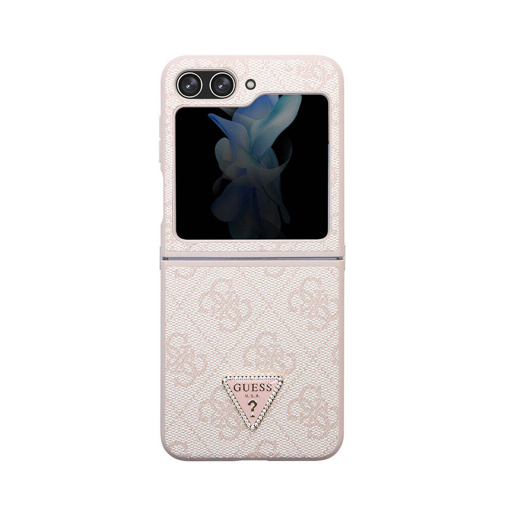 Galaxy Z Flip 5 Case Guess Original Licensed PU Leather Stone Triangle Logo 4G Patterned Strass Cover Pink