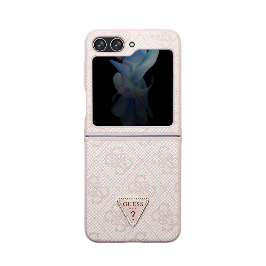 Galaxy Z Flip 5 Case Guess Original Licensed PU Leather Stone Triangle Logo 4G Patterned Strass Cover Pink