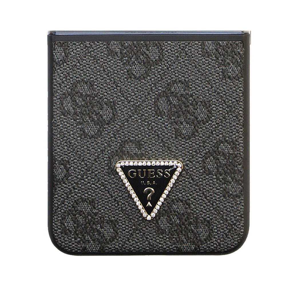 Galaxy Z Flip 5 Case Guess Original Licensed PU Leather Stone Triangle Logo 4G Patterned Strass Cover Pink
