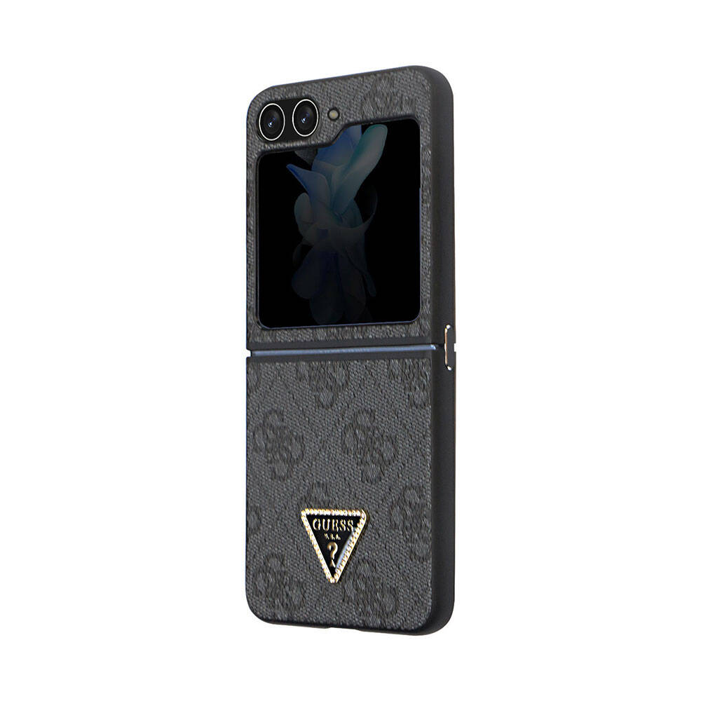 Galaxy Z Flip 5 Case Guess Original Licensed PU Leather Stone Triangle Logo 4G Patterned Strass Cover Pink