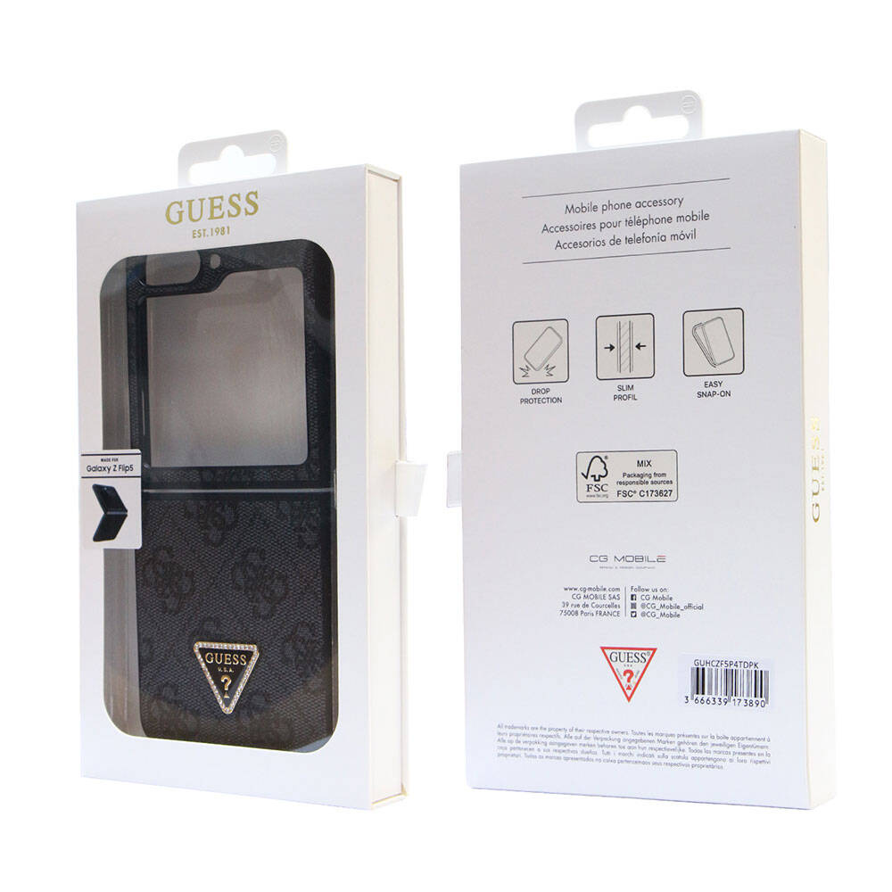 Galaxy Z Flip 5 Case Guess Original Licensed PU Leather Stone Triangle Logo 4G Patterned Strass Cover Pink
