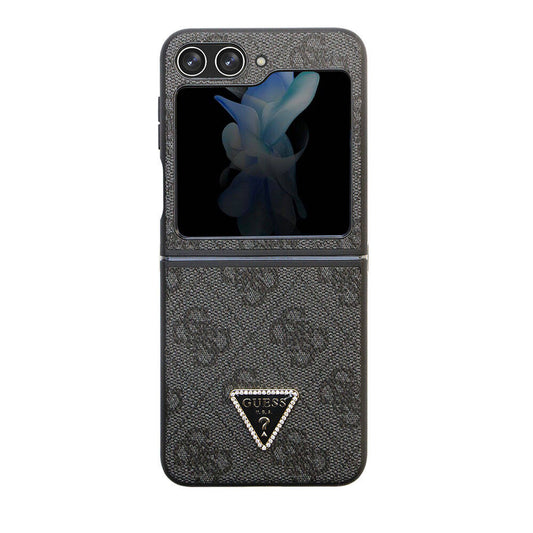 Galaxy Z Flip 5 Case Guess Original Licensed PU Leather Stone Triangle Logo 4G Patterned Strass Cover Black