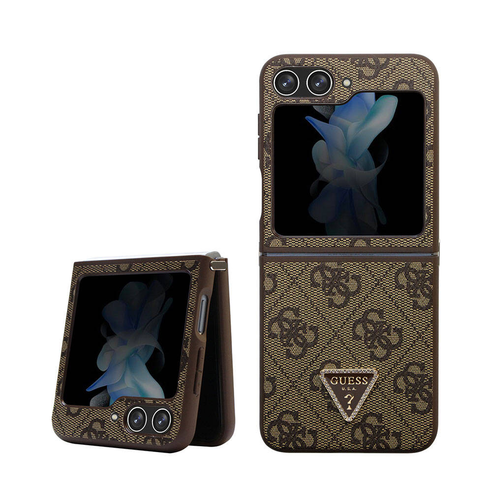 Galaxy Z Flip 5 Case Guess Original Licensed PU Leather Stone Triangle Logo 4G Patterned Strass Cover Pink