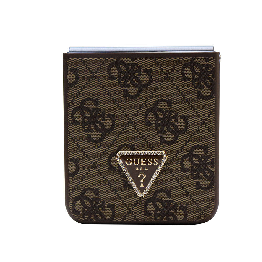 Galaxy Z Flip 5 Case Guess Original Licensed PU Leather Stone Triangle Logo 4G Patterned Strass Cover Brown