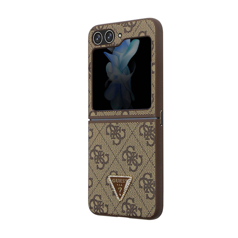 Galaxy Z Flip 5 Case Guess Original Licensed PU Leather Stone Triangle Logo 4G Patterned Strass Cover Pink