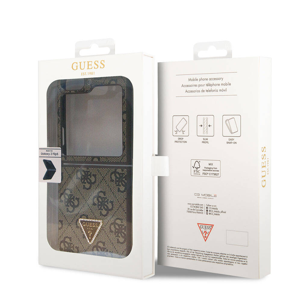 Galaxy Z Flip 5 Case Guess Original Licensed PU Leather Stone Triangle Logo 4G Patterned Strass Cover Pink