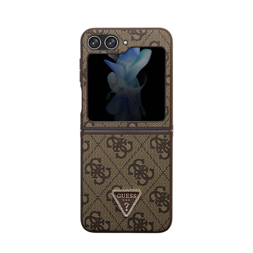Galaxy Z Flip 5 Case Guess Original Licensed PU Leather Stone Triangle Logo 4G Patterned Strass Cover Brown