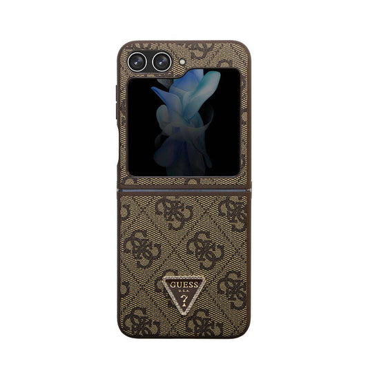 Galaxy Z Flip 5 Case Guess Original Licensed PU Leather Stone Triangle Logo 4G Patterned Strass Cover Brown