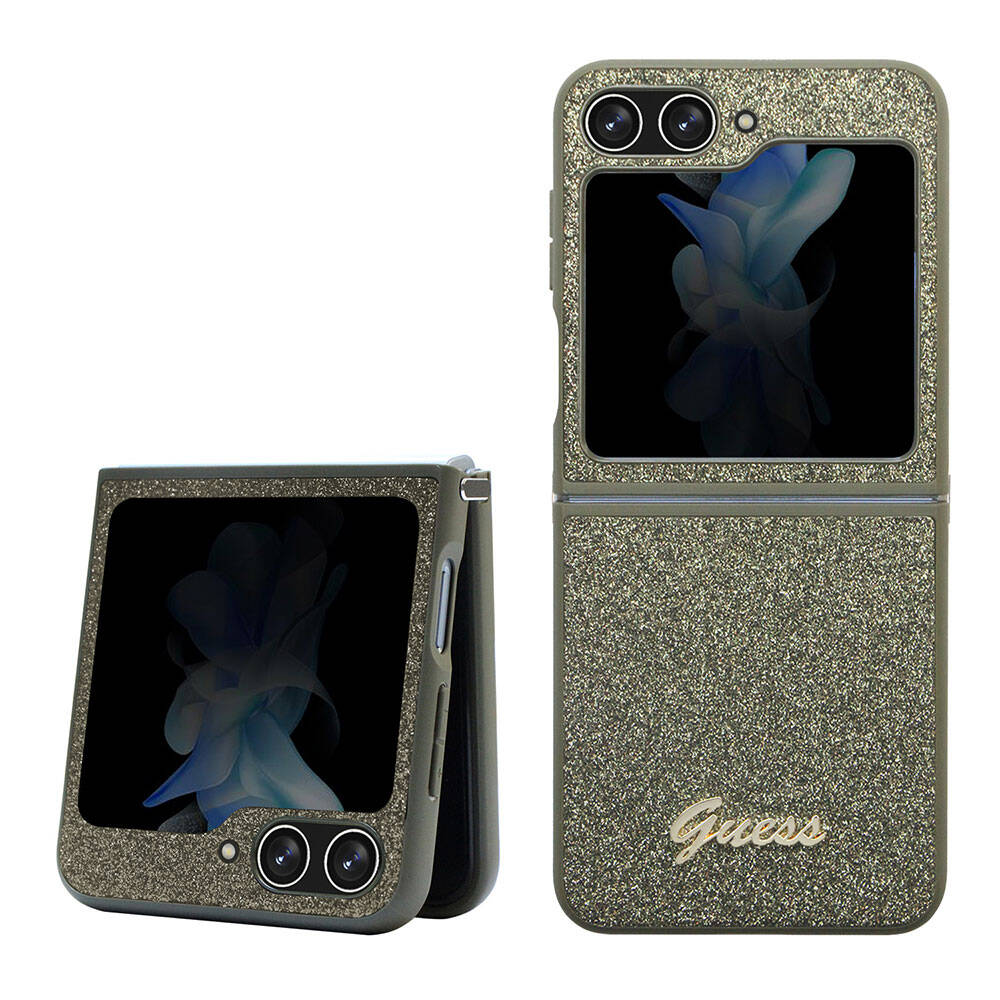 Galaxy Z Flip 5 Case Guess Original Licensed Text Logo Glitter Flakes Cover Khaki