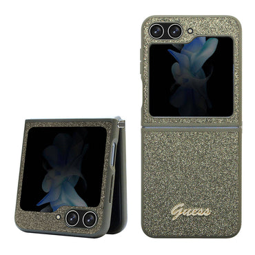 Galaxy Z Flip 5 Case Guess Original Licensed Text Logo Glitter Flakes Cover Khaki