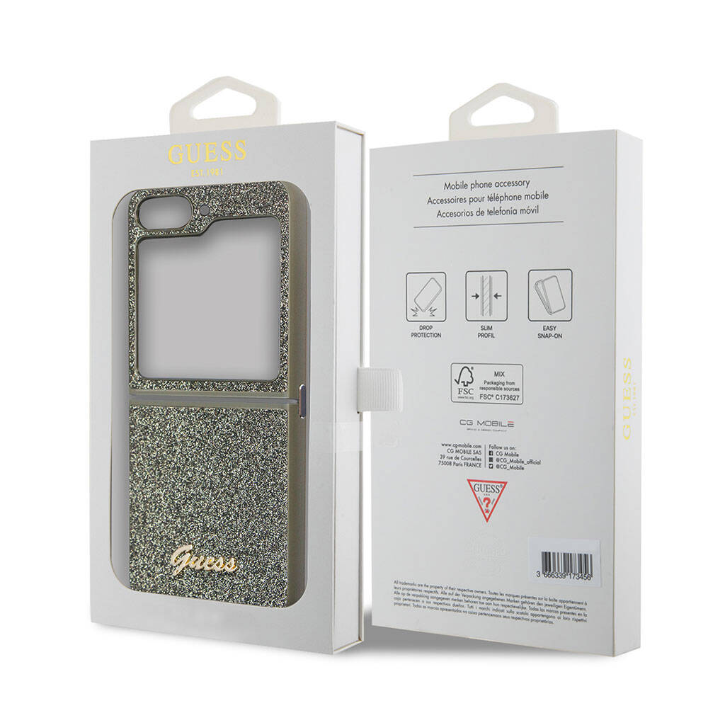 Galaxy Z Flip 5 Case Guess Original Licensed Text Logo Glitter Flakes Cover Khaki