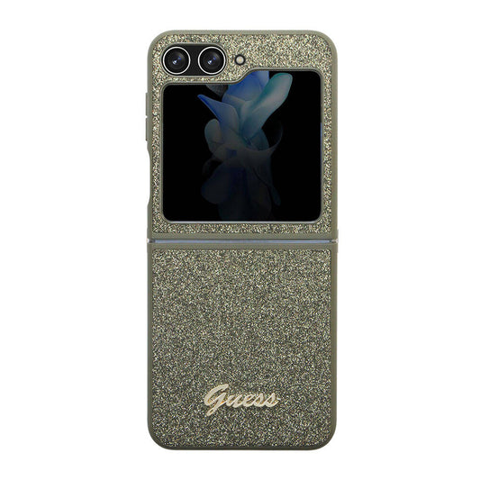 Galaxy Z Flip 5 Case Guess Original Licensed Text Logo Glitter Flakes Cover Khaki
