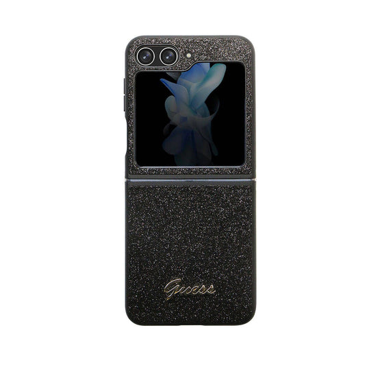 Galaxy Z Flip 5 Case Guess Original Licensed Glitter Script Cover with Logo Black
