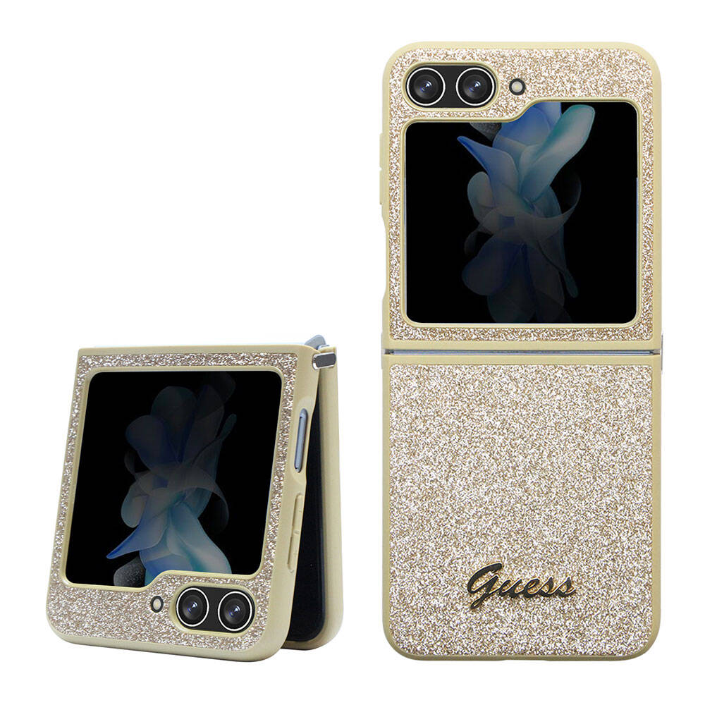 Galaxy Z Flip 5 Case Guess Original Licensed Glitter Script Cover Gold with Text Logo