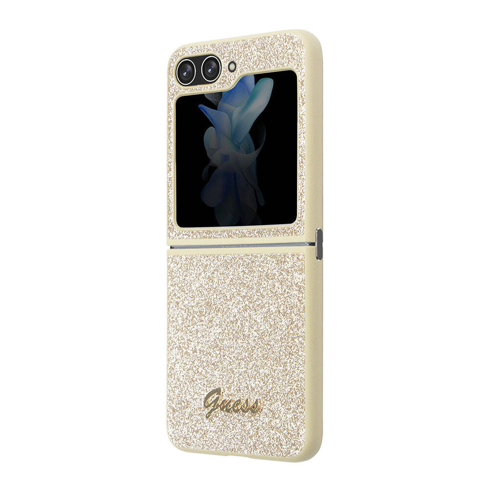Galaxy Z Flip 5 Case Guess Original Licensed Glitter Script Cover Gold with Text Logo