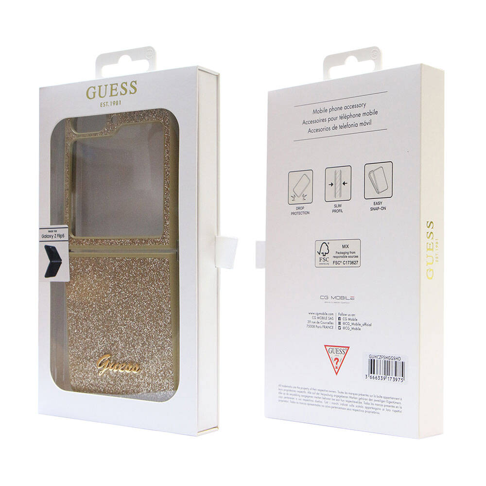 Galaxy Z Flip 5 Case Guess Original Licensed Glitter Script Cover Gold with Text Logo