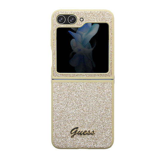 Galaxy Z Flip 5 Case Guess Original Licensed Glitter Script Cover Gold with Text Logo