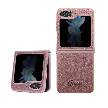 Galaxy Z Flip 5 Case Guess Original Licensed Glitter Script Cover Gold with Text Logo