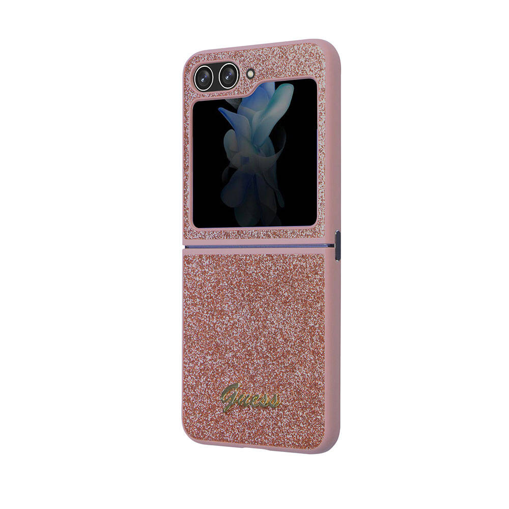 Galaxy Z Flip 5 Case Guess Original Licensed Glitter Script Cover Gold with Text Logo
