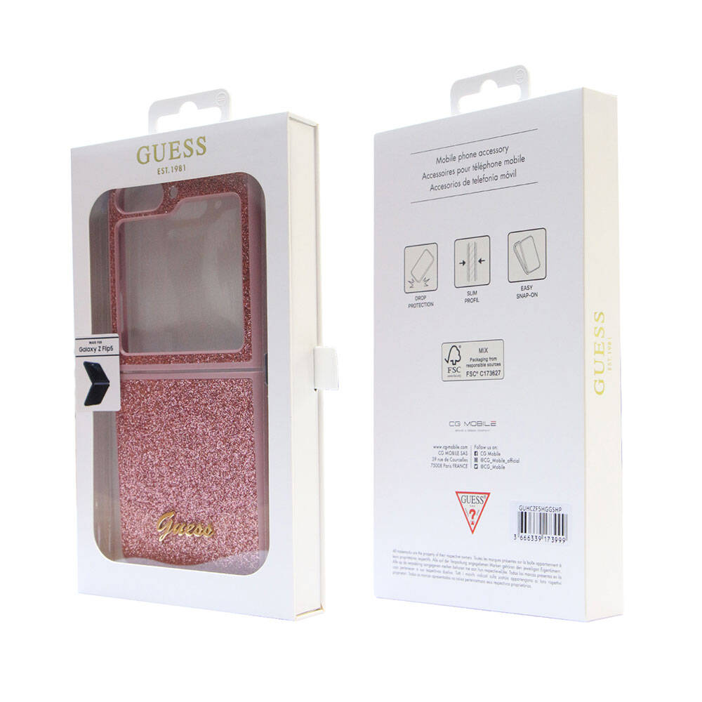 Galaxy Z Flip 5 Case Guess Original Licensed Glitter Script Cover Gold with Text Logo