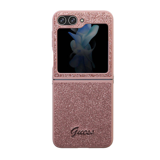 Galaxy Z Flip 5 Case Guess Original Licensed Glitter Script Cover with Logo Pink