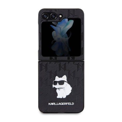 Galaxy Z Flip 5 Kılıf Karl Lagerfeld Orjinal Lisanslı KL Desenli Choupette İkonik Saffiano Kapak Siyah