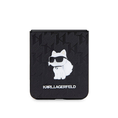 Galaxy Z Flip 5 Kılıf Karl Lagerfeld Orjinal Lisanslı KL Desenli Choupette İkonik Saffiano Kapak Siyah