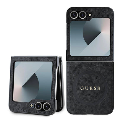 Galaxy Z Flip 6 Kılıf Guess Orjinal Lisanslı M-safe Şarj Özellikli Saffiano Metal Logo Kapak Siyah