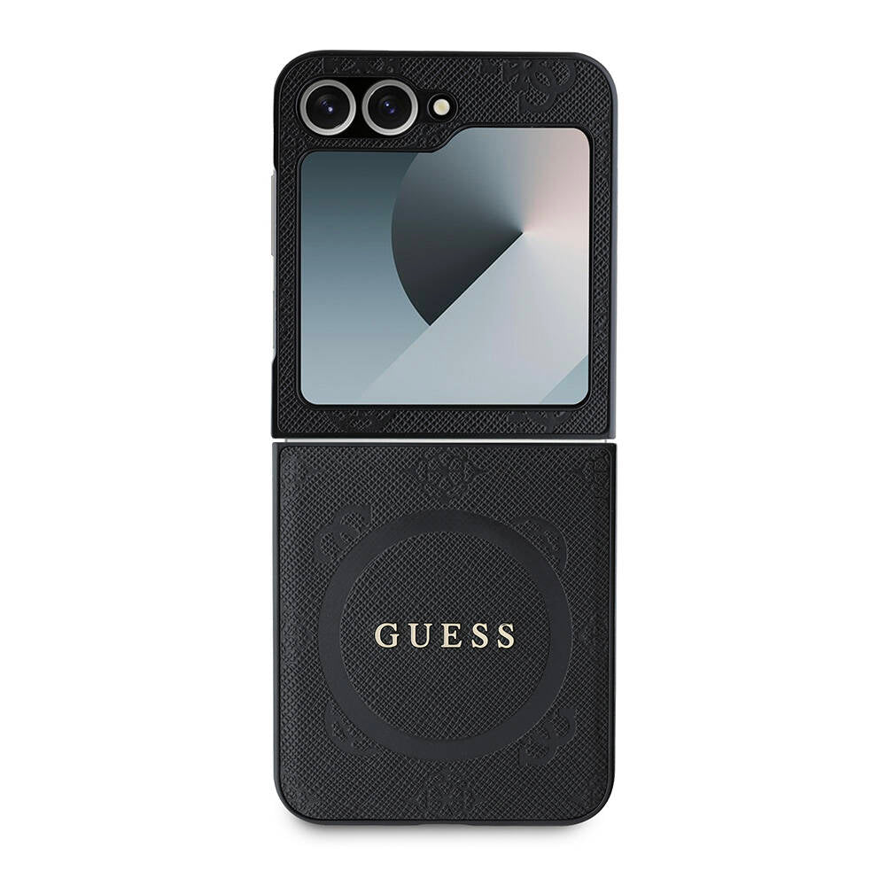 Galaxy Z Flip 6 Kılıf Guess Orjinal Lisanslı M-safe Şarj Özellikli Saffiano Metal Logo Kapak Siyah