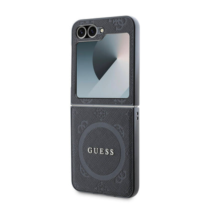 Galaxy Z Flip 6 Kılıf Guess Orjinal Lisanslı M-safe Şarj Özellikli Saffiano Metal Logo Kapak Siyah