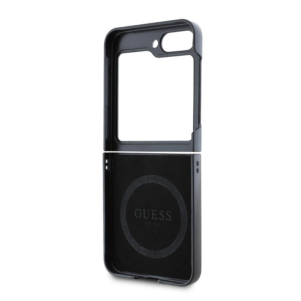 Galaxy Z Flip 6 Kılıf Guess Orjinal Lisanslı M-safe Şarj Özellikli Saffiano Metal Logo Kapak Siyah