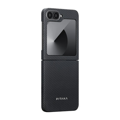Galaxy Z Flip 6 Kılıf M-safe Şarj Özellikli 600D Aramid Fiber Pitaka Ultra-Slim Classic Serisi Black-Grey Twill Kapak Siyah-Gri