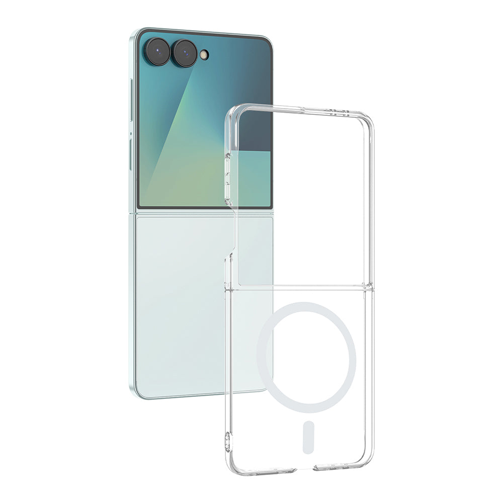 Galaxy Z Flip 7 Kamera Korumalı M-Safe Şarj Özellikli Şeffaf Zore London Sert PC Kapak