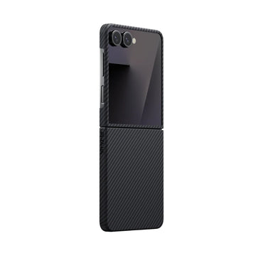 Galaxy Z Flip 7 Kılıf M-safe Şarj Özellikli 600D Aramid Fiber Pitaka Ultra-Slim Classic Serisi Black-Grey Twill Kapak Siyah-Gri