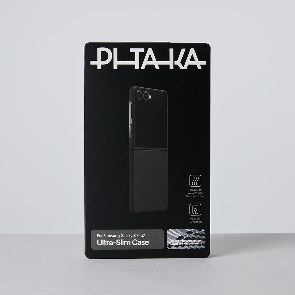 Galaxy Z Flip 7 Kılıf M-safe Şarj Özellikli 600D Aramid Fiber Pitaka Ultra-Slim Classic Serisi Black-Grey Twill Kapak Siyah-Gri