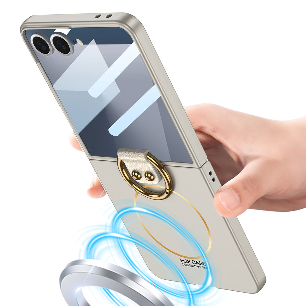 Galaxy Z Flip 7 Case M-safe Charging Feature Zore Kıpta Ring Flip Hard Cover Dark Green