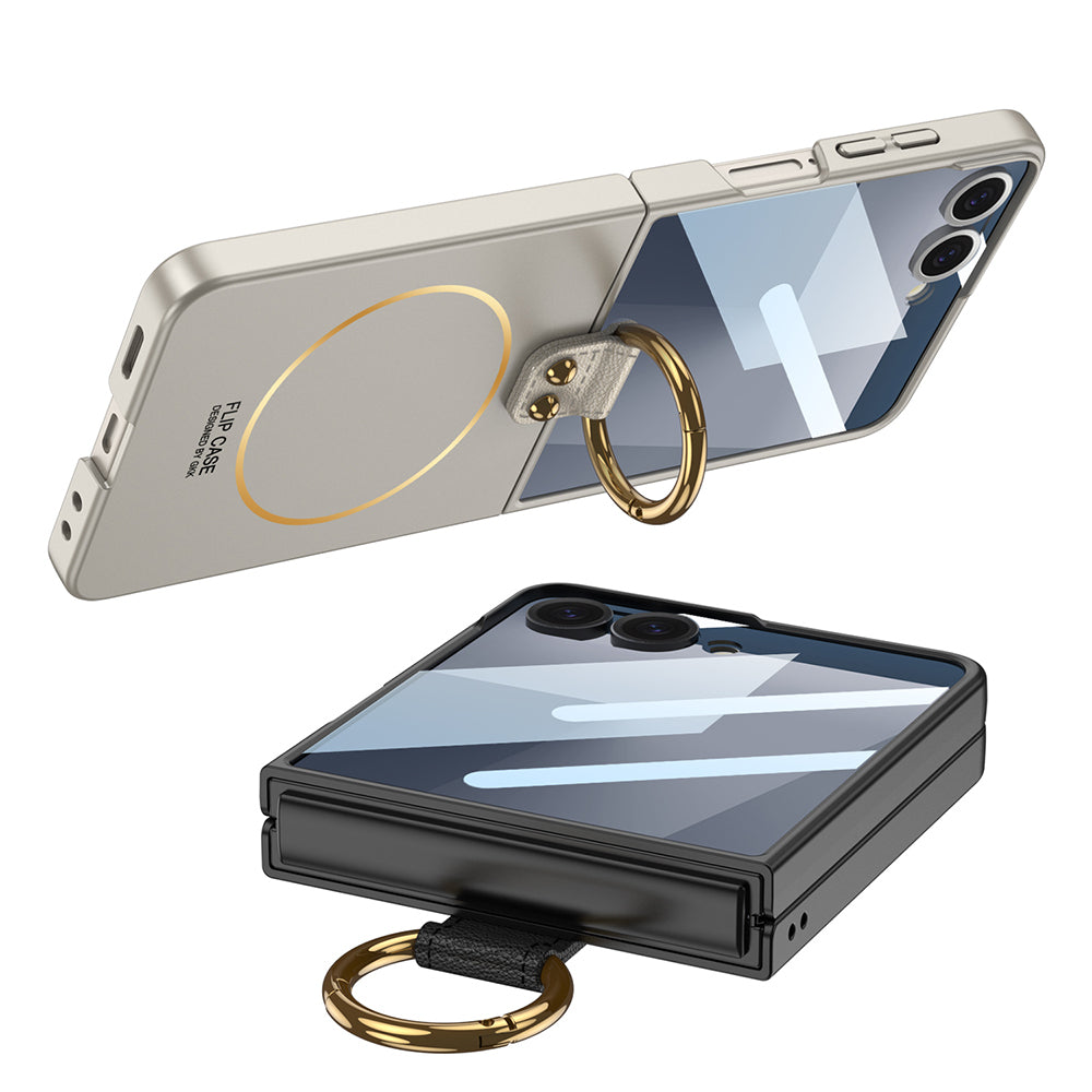 Galaxy Z Flip 7 Case M-safe Charging Feature Zore Kıpta Ring Flip Hard Cover Dark Green