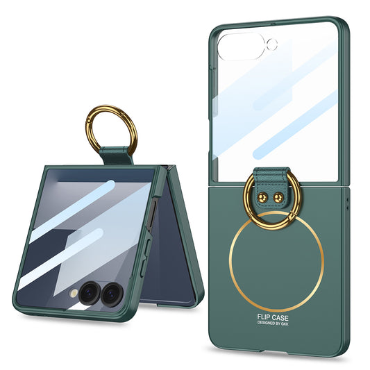 Galaxy Z Flip 7 Case M-safe Charging Feature Zore Kıpta Ring Flip Hard Cover Dark Green