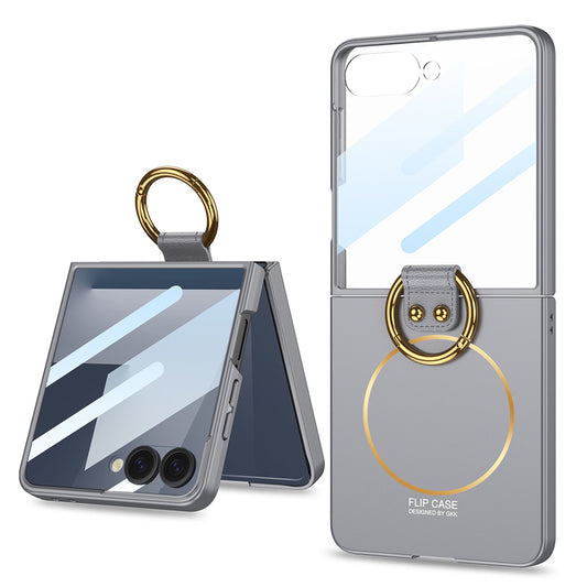 Galaxy Z Flip 7 Case M-safe Charging Feature Zore Kıpta Ring Flip Hard Cover Gray