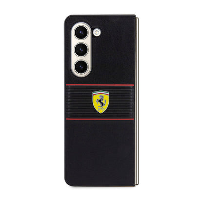 Galaxy Z Fold 5 Kılıf Ferrari Orjinal Lisanslı PU Deri Metal Logolu Multi Çizgili Kapak Kırmızı