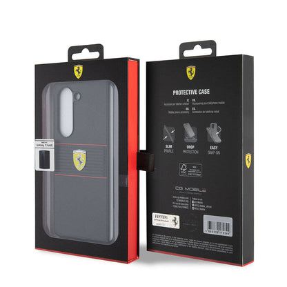 Galaxy Z Fold 5 Kılıf Ferrari Orjinal Lisanslı PU Deri Metal Logolu Multi Çizgili Kapak Kırmızı