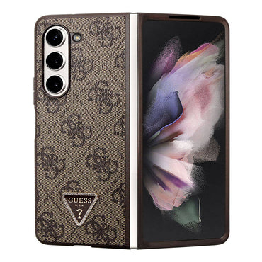 Galaxy Z Fold 5 Case Guess Original Licensed PU Leather Stone Triangle Logo 4G Patterned Strass Cover Brown
